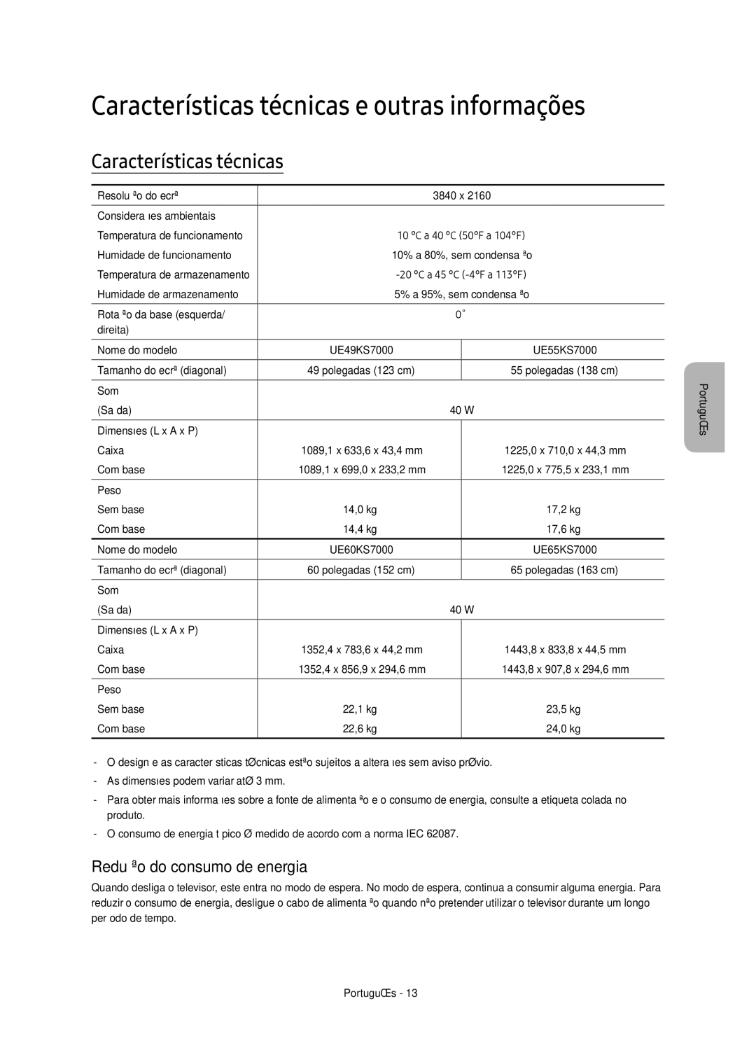 Samsung UE49KS7000UXXC, UE55KS7000UXXC manual Características técnicas e outras informações, Redução do consumo de energia 