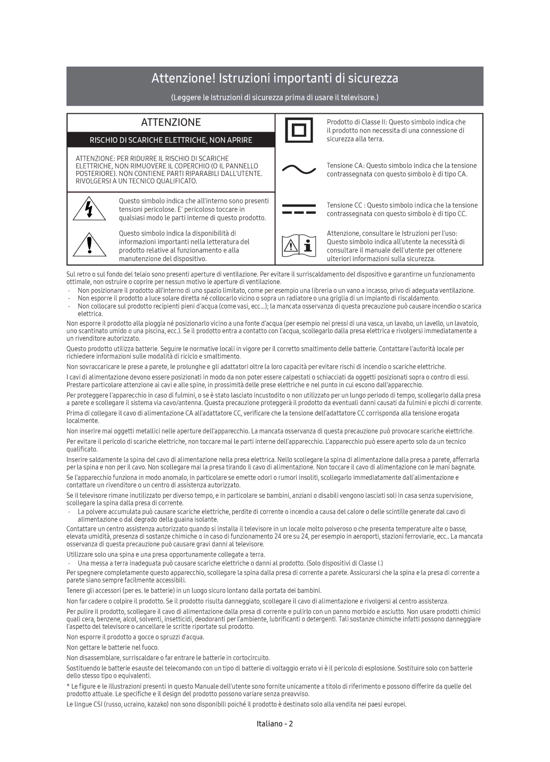 Samsung UE65KS7000UXZT, UE55KS7000UXZT, UE60KS7000UXZT manual Attenzione! Istruzioni importanti di sicurezza 