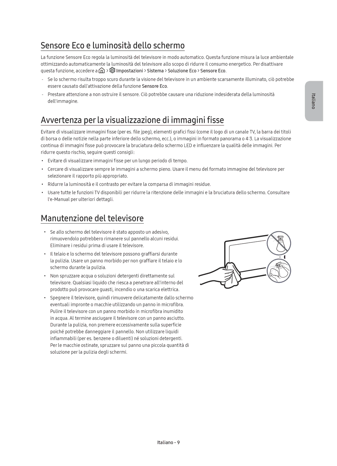 Samsung UE60KS7000UXZT manual Sensore Eco e luminosità dello schermo, Avvertenza per la visualizzazione di immagini fisse 