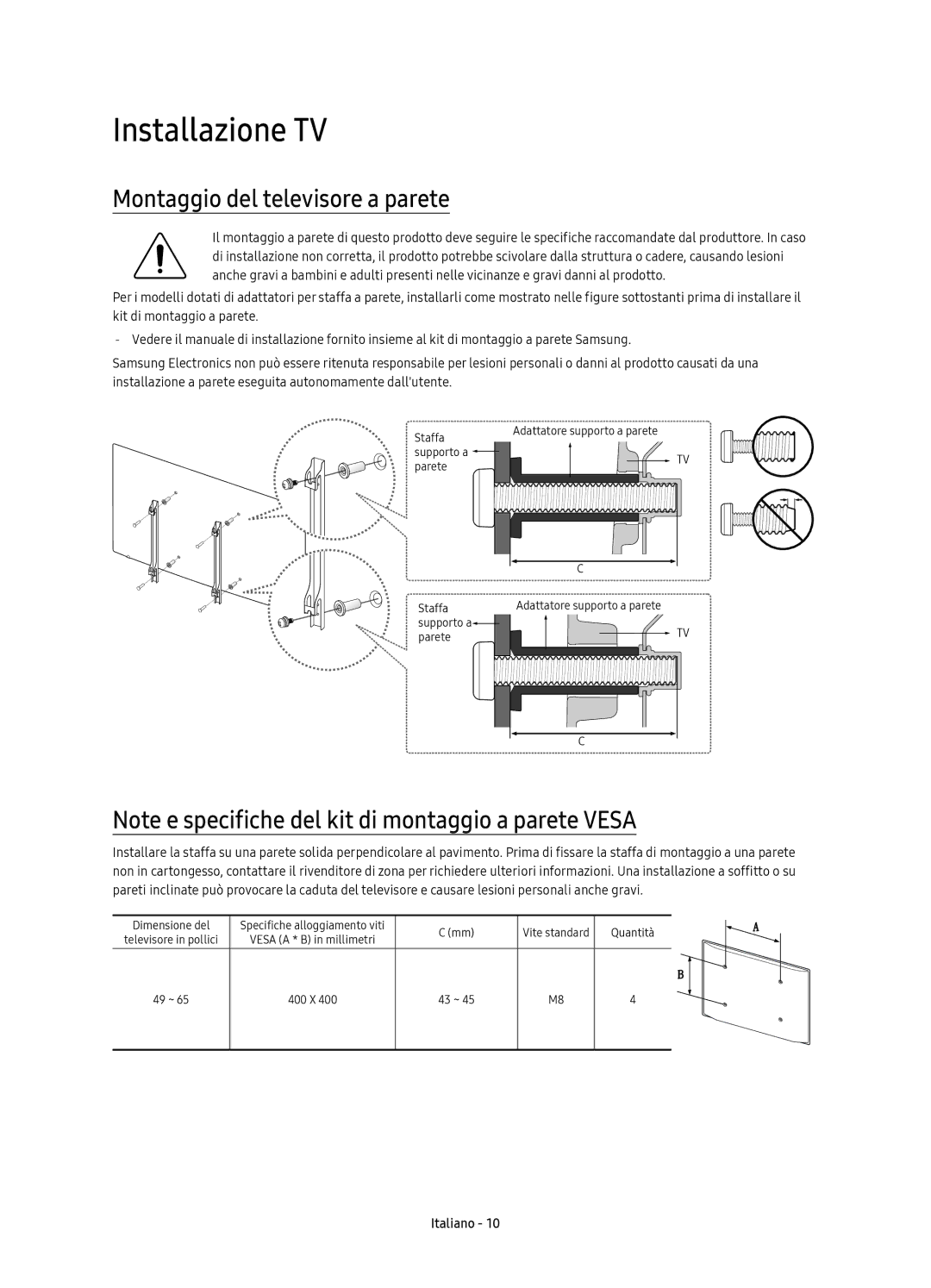 Samsung UE55KS7000UXZT, UE65KS7000UXZT, UE60KS7000UXZT manual Installazione TV, Montaggio del televisore a parete 