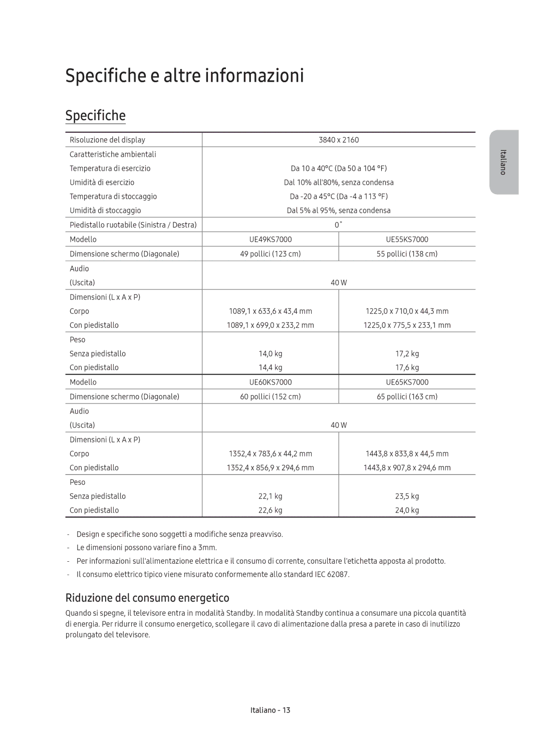 Samsung UE55KS7000UXZT, UE65KS7000UXZT, UE60KS7000UXZT Specifiche e altre informazioni, Riduzione del consumo energetico 