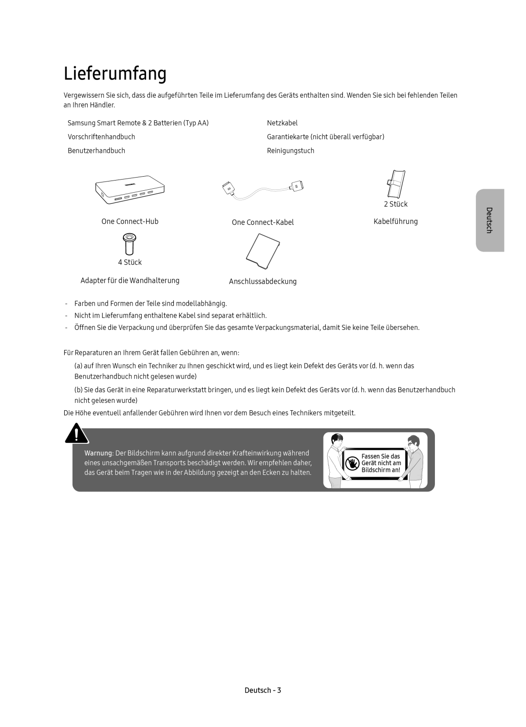 Samsung UE65KS7000UXZT, UE55KS7000UXZT, UE60KS7000UXZT manual Lieferumfang, Benutzerhandbuch Reinigungstuch 