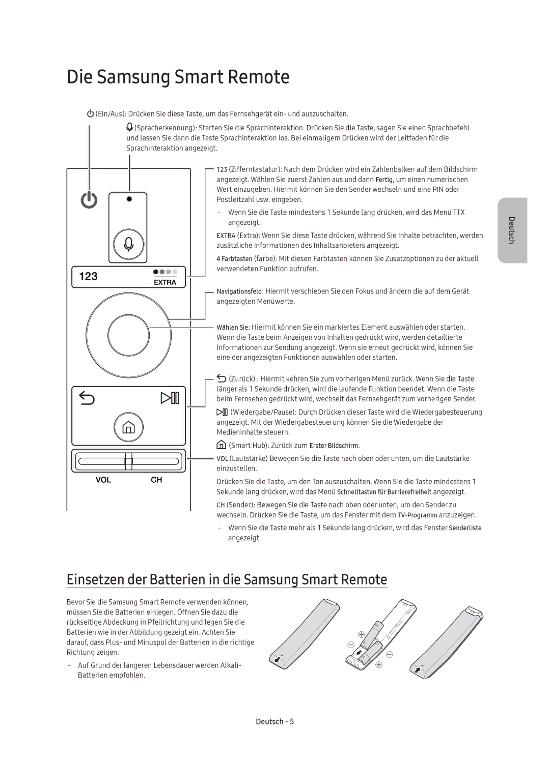 Samsung UE55KS7000UXZT, UE65KS7000UXZT manual Die Samsung Smart Remote, Einsetzen der Batterien in die Samsung Smart Remote 