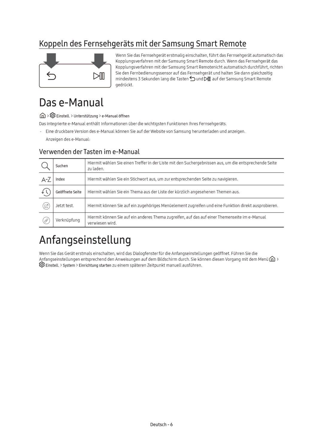 Samsung UE65KS7000UXZT manual Das e-Manual, Anfangseinstellung, Koppeln des Fernsehgeräts mit der Samsung Smart Remote 