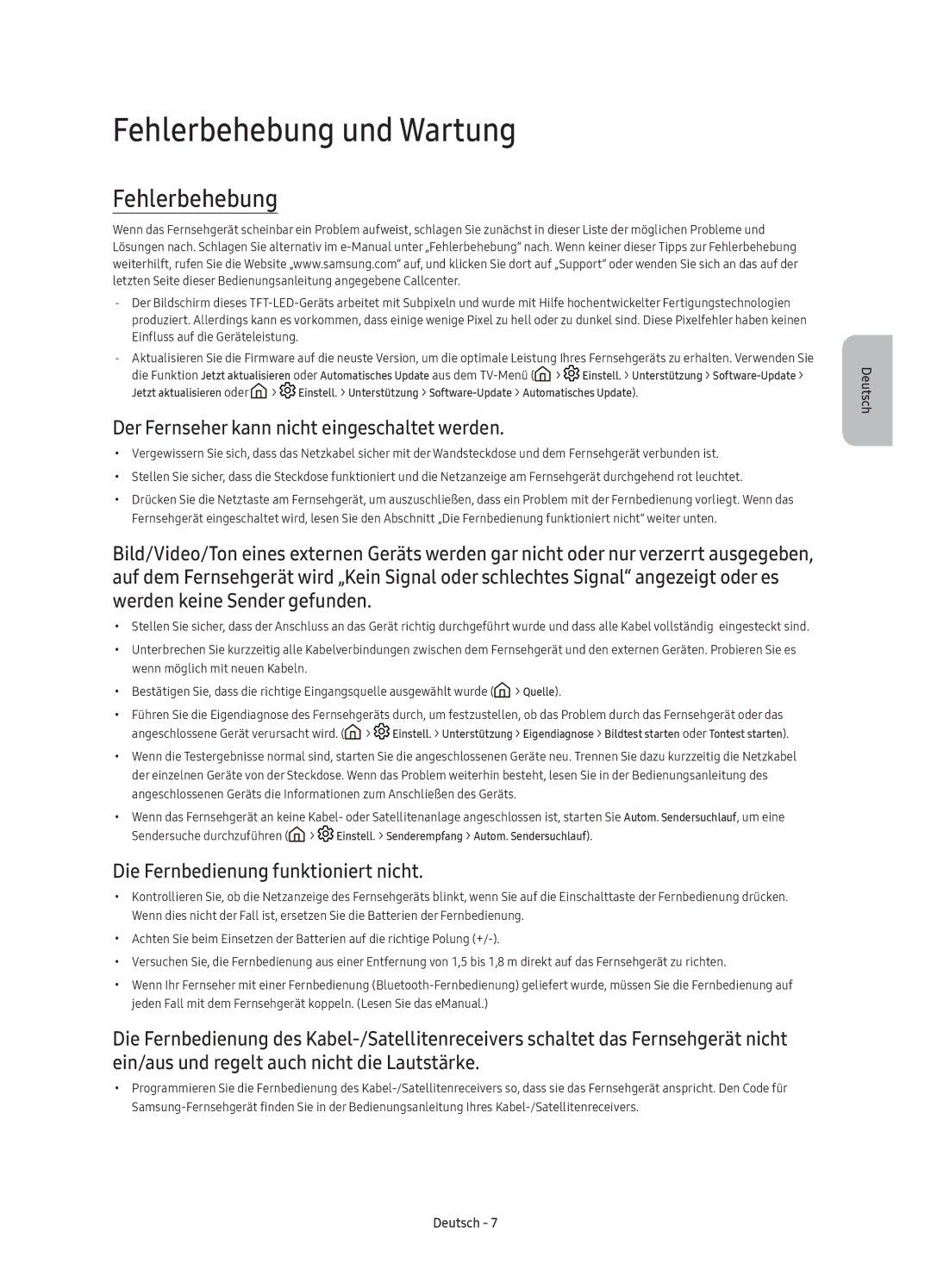 Samsung UE60KS7000UXZT, UE55KS7000UXZT manual Fehlerbehebung und Wartung, Der Fernseher kann nicht eingeschaltet werden 