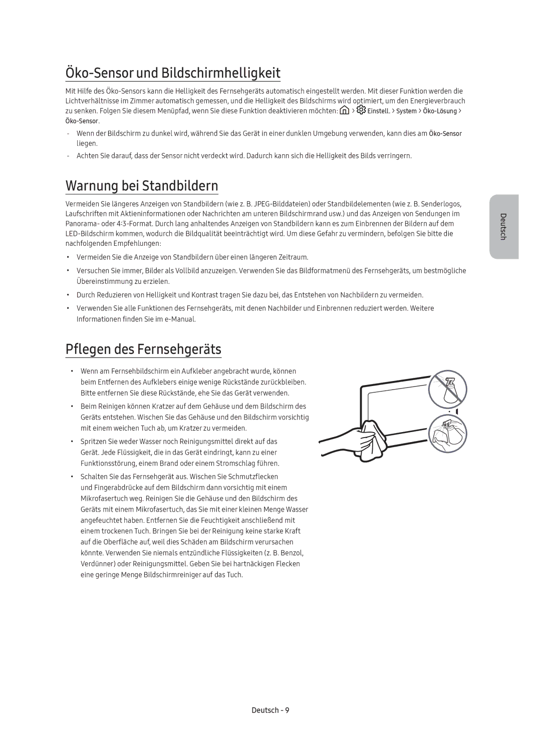 Samsung UE65KS7000UXZT manual Öko-Sensor und Bildschirmhelligkeit, Warnung bei Standbildern, Pflegen des Fernsehgeräts 