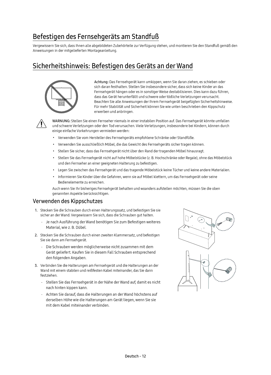 Samsung UE65KS7000UXZT Befestigen des Fernsehgeräts am Standfuß, Sicherheitshinweis Befestigen des Geräts an der Wand 