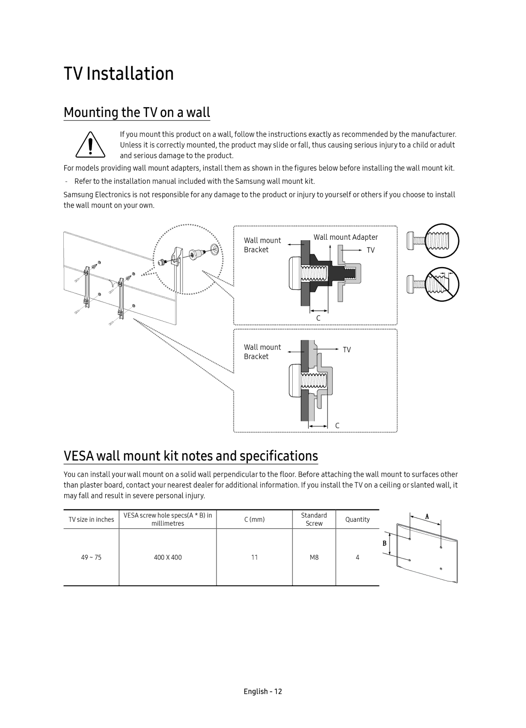 Samsung UE65KS8000TXZF manual TV Installation, Mounting the TV on a wall, Vesa wall mount kit notes and specifications 