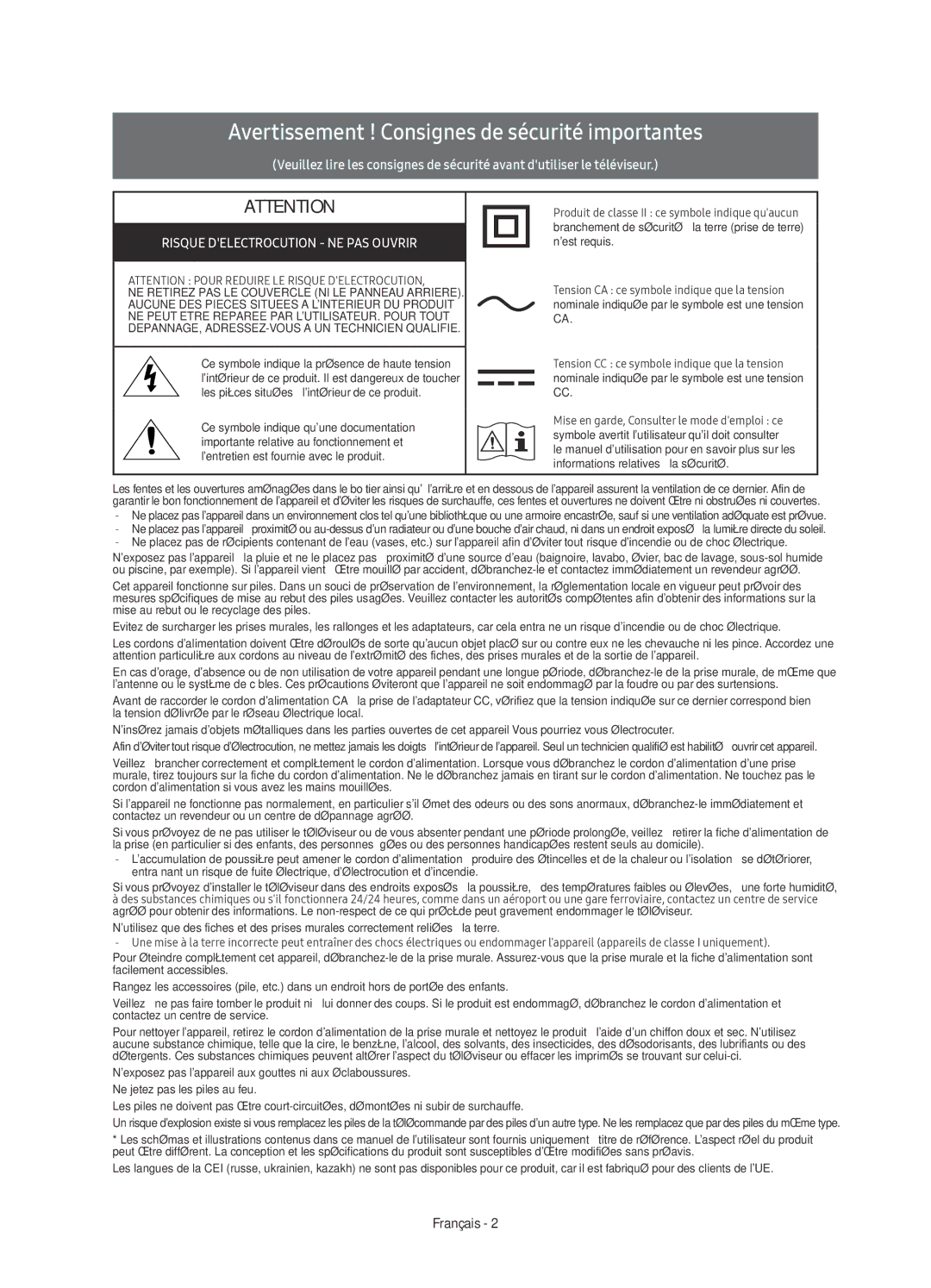 Samsung UE75KS8000TXZF, UE55KS8000TXXC, UE55KS8000TXZF, UE65KS8000TXZF Avertissement ! Consignes de sécurité importantes 