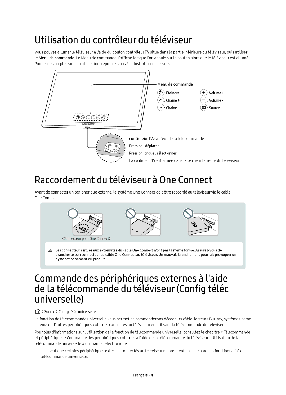 Samsung UE55KS8000TXXC, UE55KS8000TXZF Utilisation du contrôleur du téléviseur, Raccordement du téléviseur à One Connect 