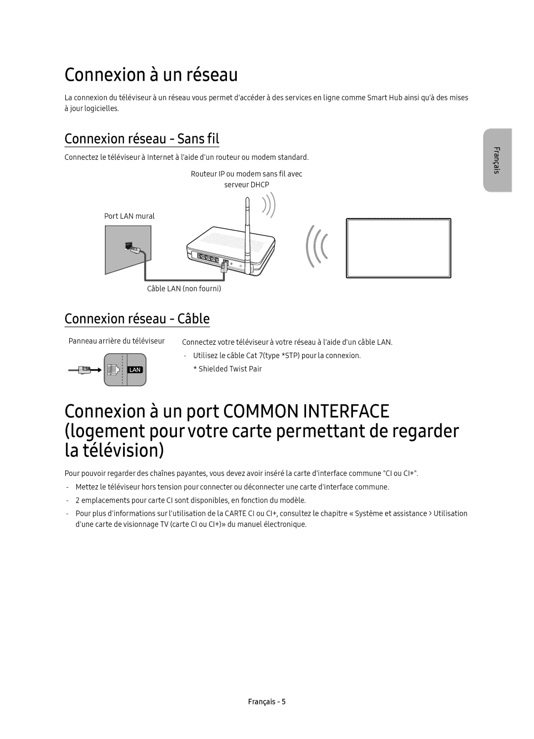 Samsung UE55KS8000TXZF, UE55KS8000TXXC manual Connexion à un réseau, Connexion réseau Sans fil, Connexion réseau Câble 