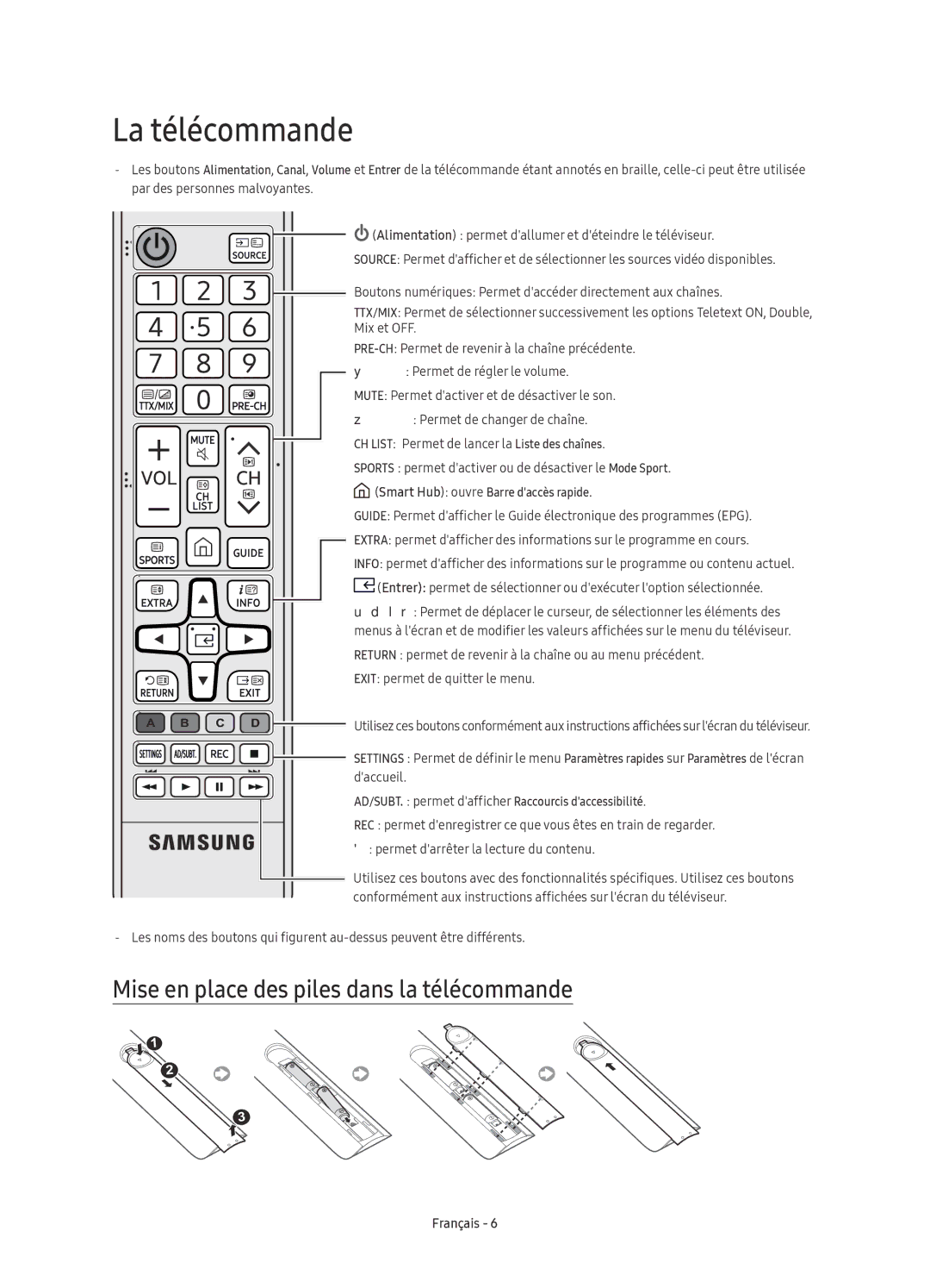 Samsung UE65KS8000TXZF, UE55KS8000TXXC, UE55KS8000TXZF manual La télécommande, Mise en place des piles dans la télécommande 