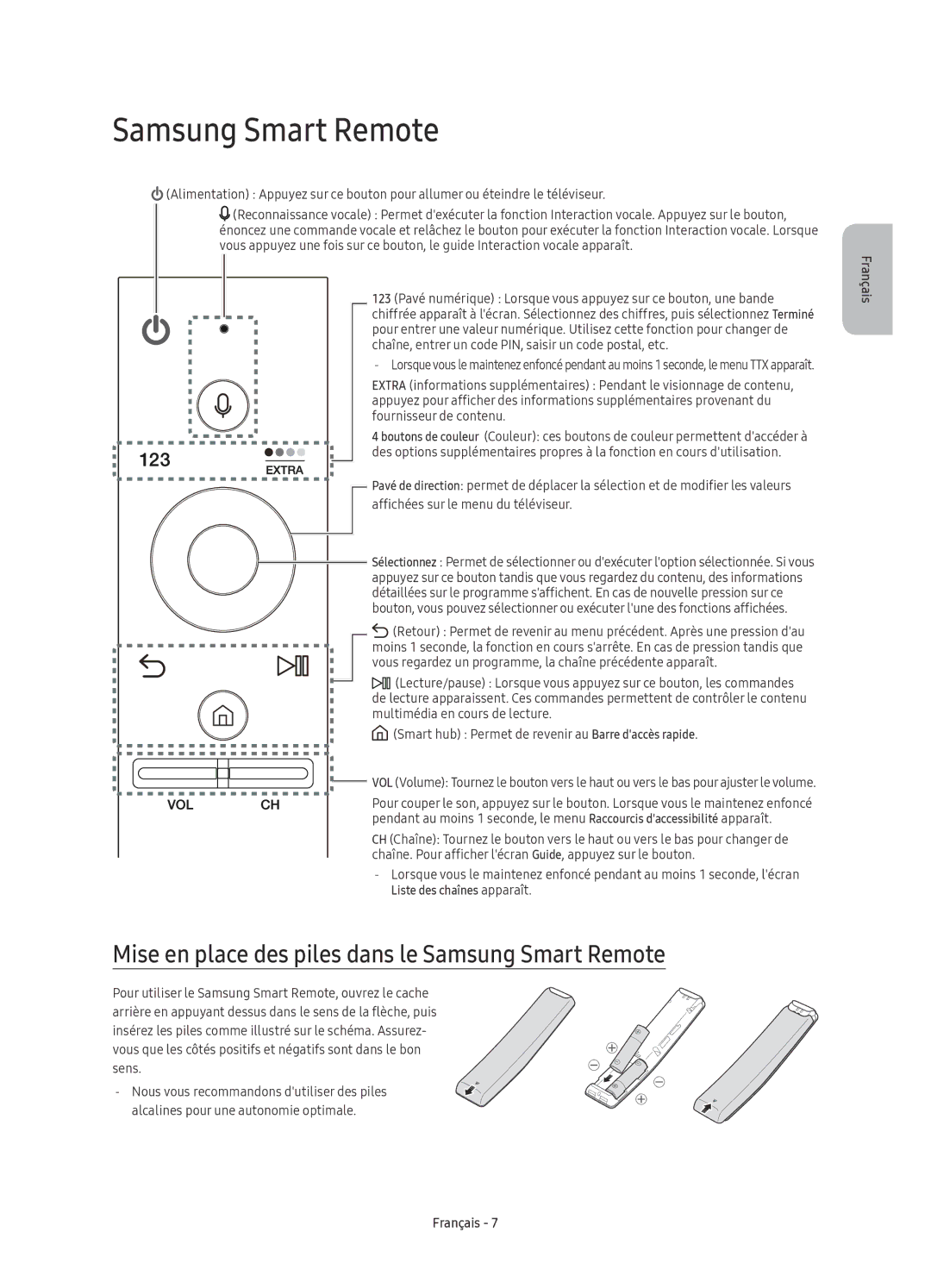 Samsung UE75KS8000TXZF, UE55KS8000TXXC, UE55KS8000TXZF manual Mise en place des piles dans le Samsung Smart Remote 