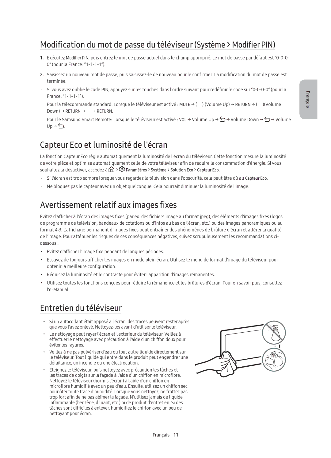 Samsung UE65KS8000TXZF, UE55KS8000TXXC manual Capteur Eco et luminosité de lécran, Avertissement relatif aux images fixes 