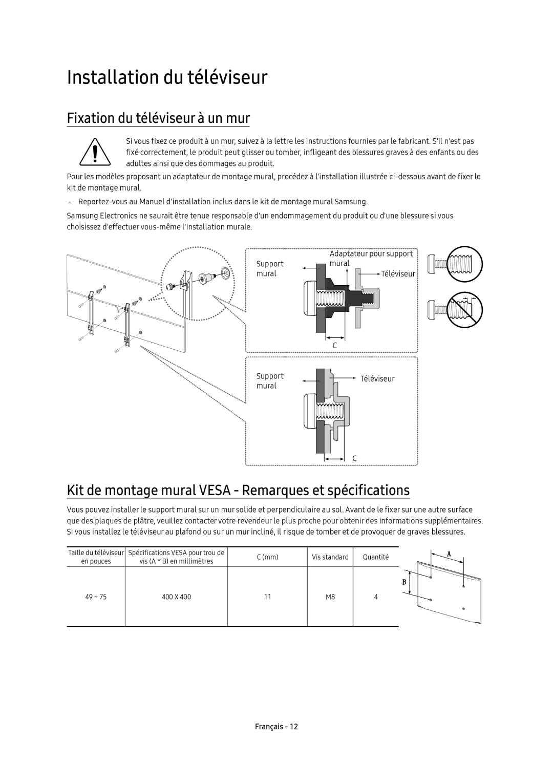 Samsung UE75KS8000TXZF, UE55KS8000TXXC, UE55KS8000TXZF manual Installation du téléviseur, Fixation du téléviseur à un mur 