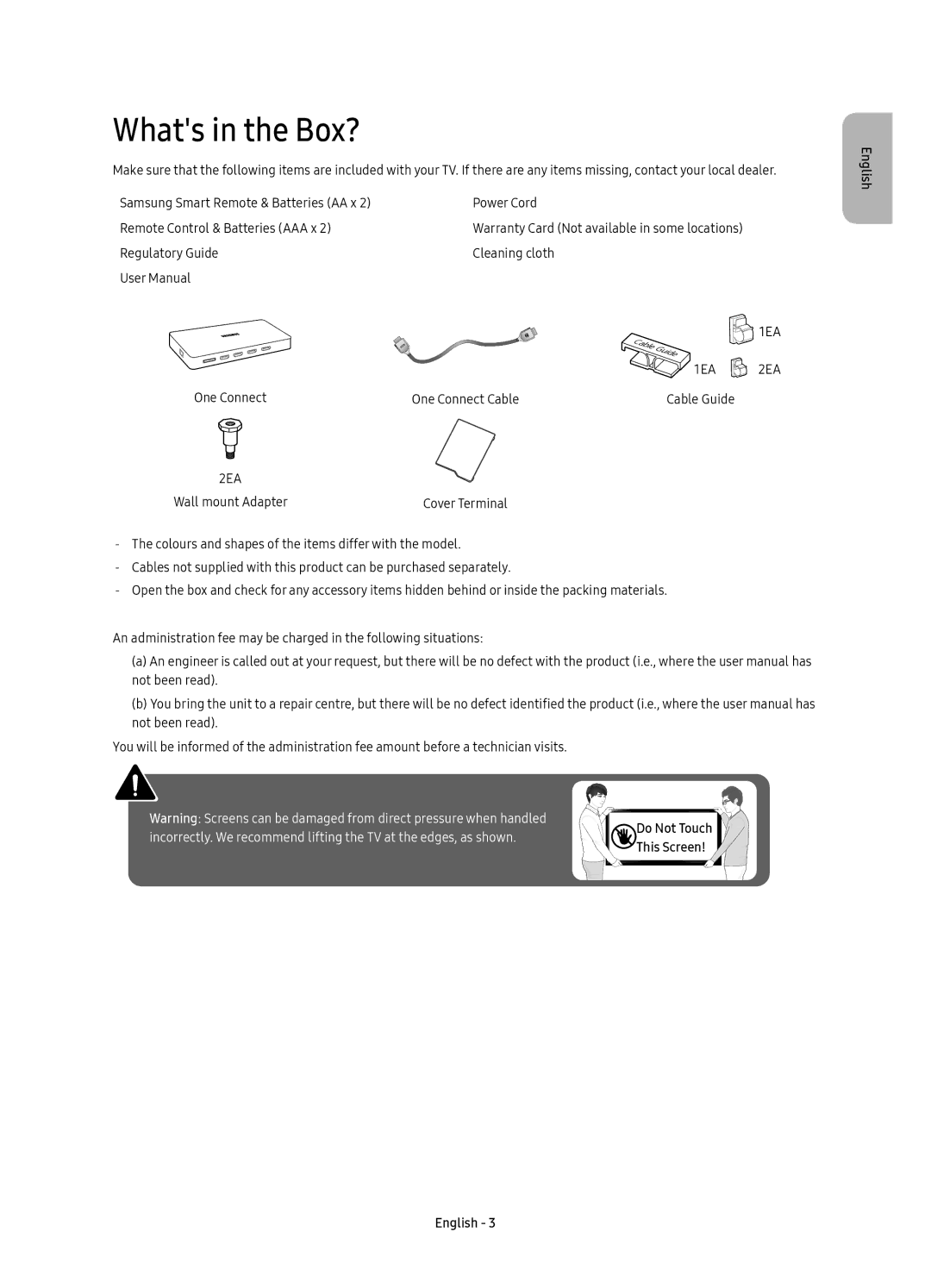 Samsung UE75KS8000TXZF, UE55KS8000TXXC, UE55KS8000TXZF, UE65KS8000TXZF, UE49KS8000TXZF manual Whats in the Box?, English 