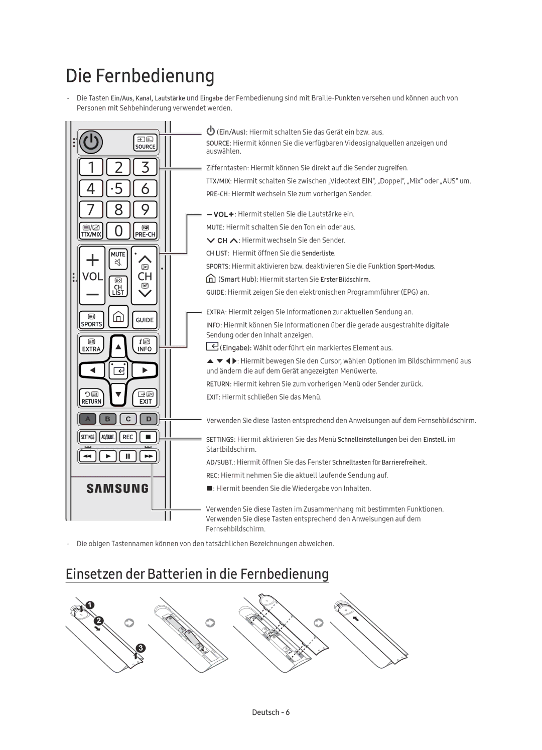 Samsung UE75KS8000TXZF, UE55KS8000TXXC, UE55KS8000TXZF manual Die Fernbedienung, Einsetzen der Batterien in die Fernbedienung 