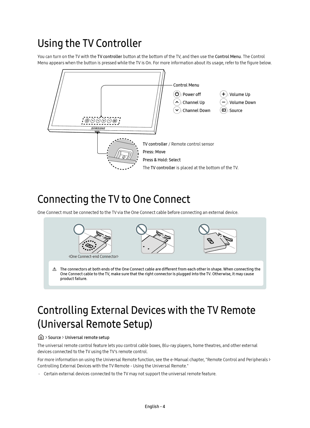 Samsung UE49KS8000TXZF, UE55KS8000TXXC, UE55KS8000TXZF manual Using the TV Controller, Connecting the TV to One Connect 