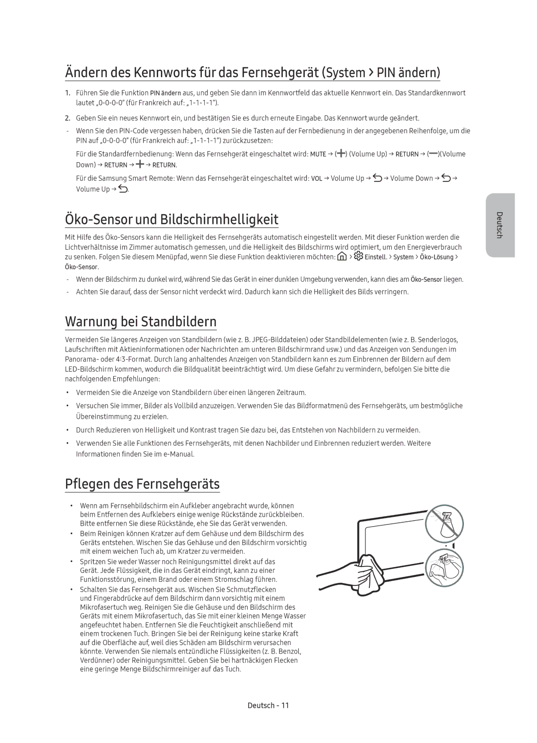 Samsung UE75KS8000TXZF manual Öko-Sensor und Bildschirmhelligkeit, Warnung bei Standbildern, Pflegen des Fernsehgeräts 