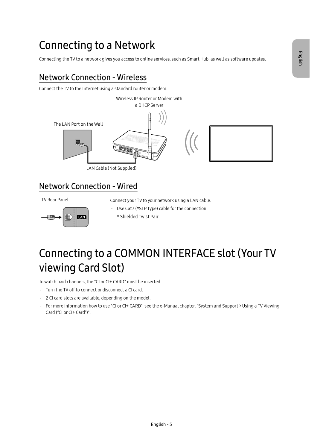 Samsung UE55KS8000TXXC, UE55KS8000TXZF manual Connecting to a Network, Network Connection Wireless, Network Connection Wired 