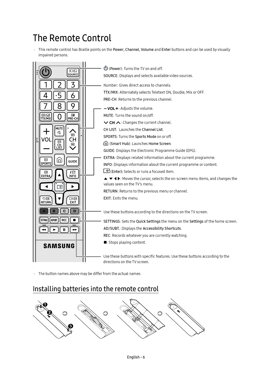 Samsung UE55KS8000TXZF, UE55KS8000TXXC, UE65KS8000TXZF manual Remote Control, Installing batteries into the remote control 