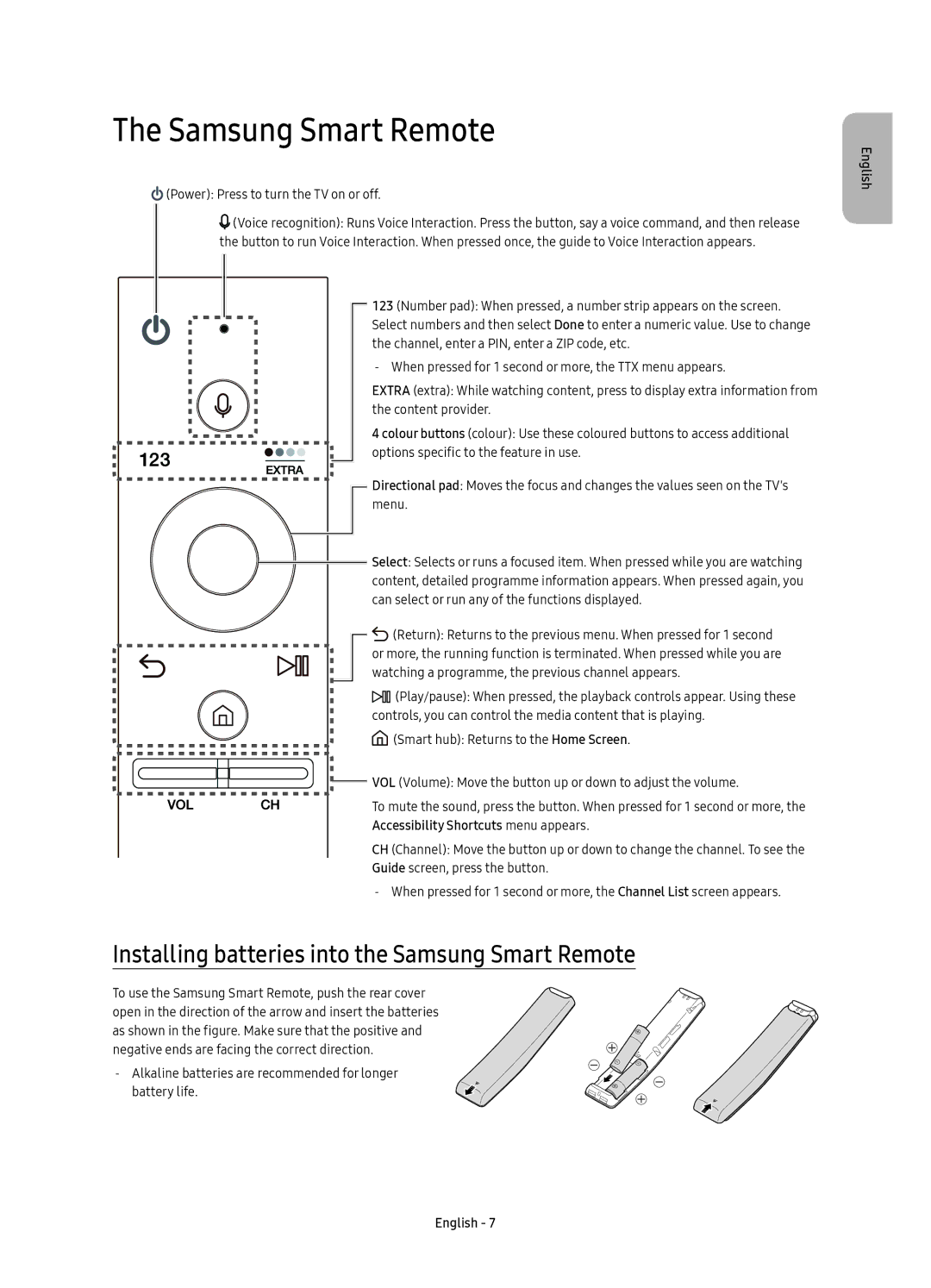 Samsung UE65KS8000TXZF, UE55KS8000TXXC, UE55KS8000TXZF manual Installing batteries into the Samsung Smart Remote 