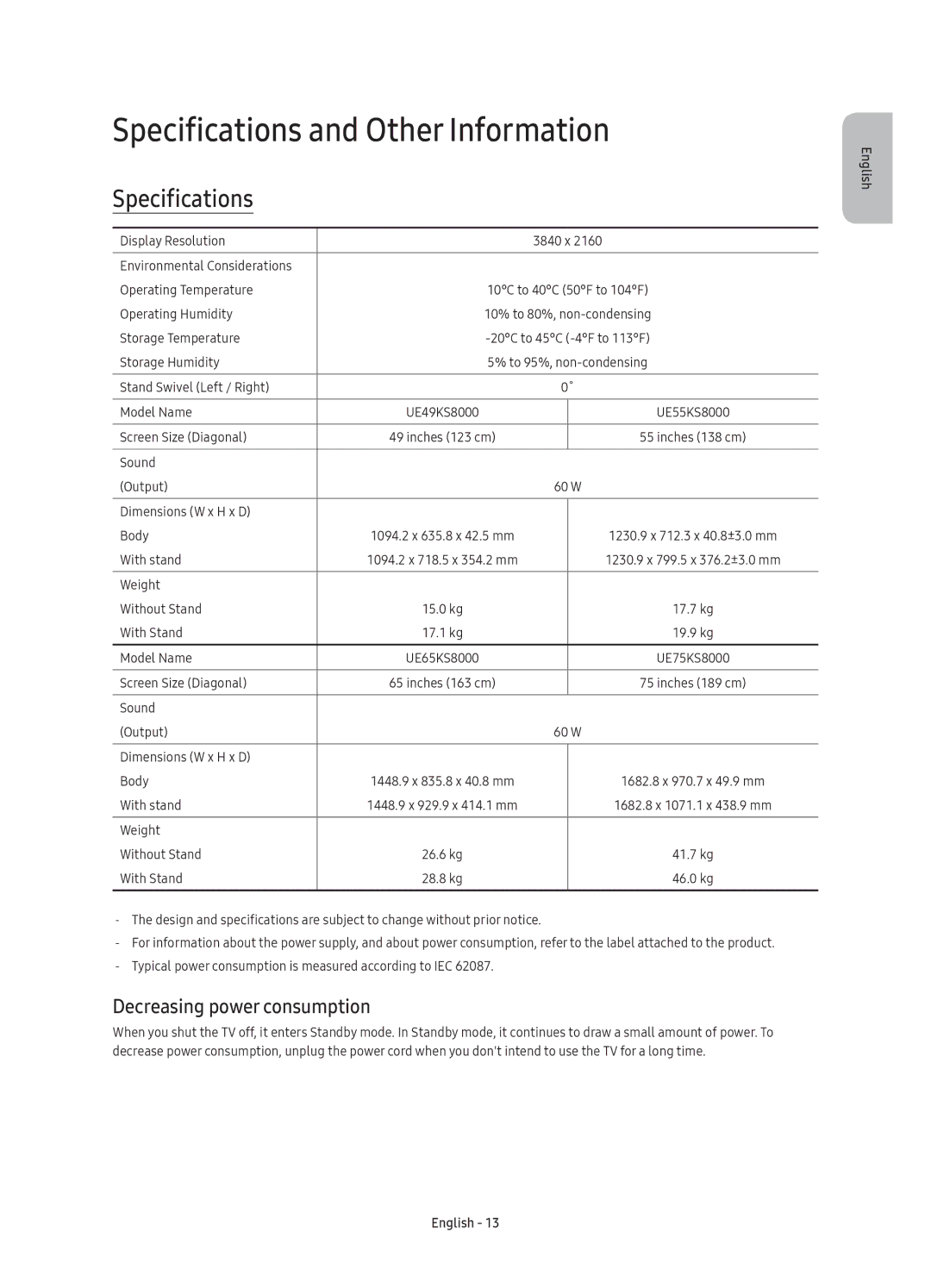 Samsung UE75KS8000TXXC, UE55KS8000TXXC, UE65KS8000TXXC Specifications and Other Information, Decreasing power consumption 