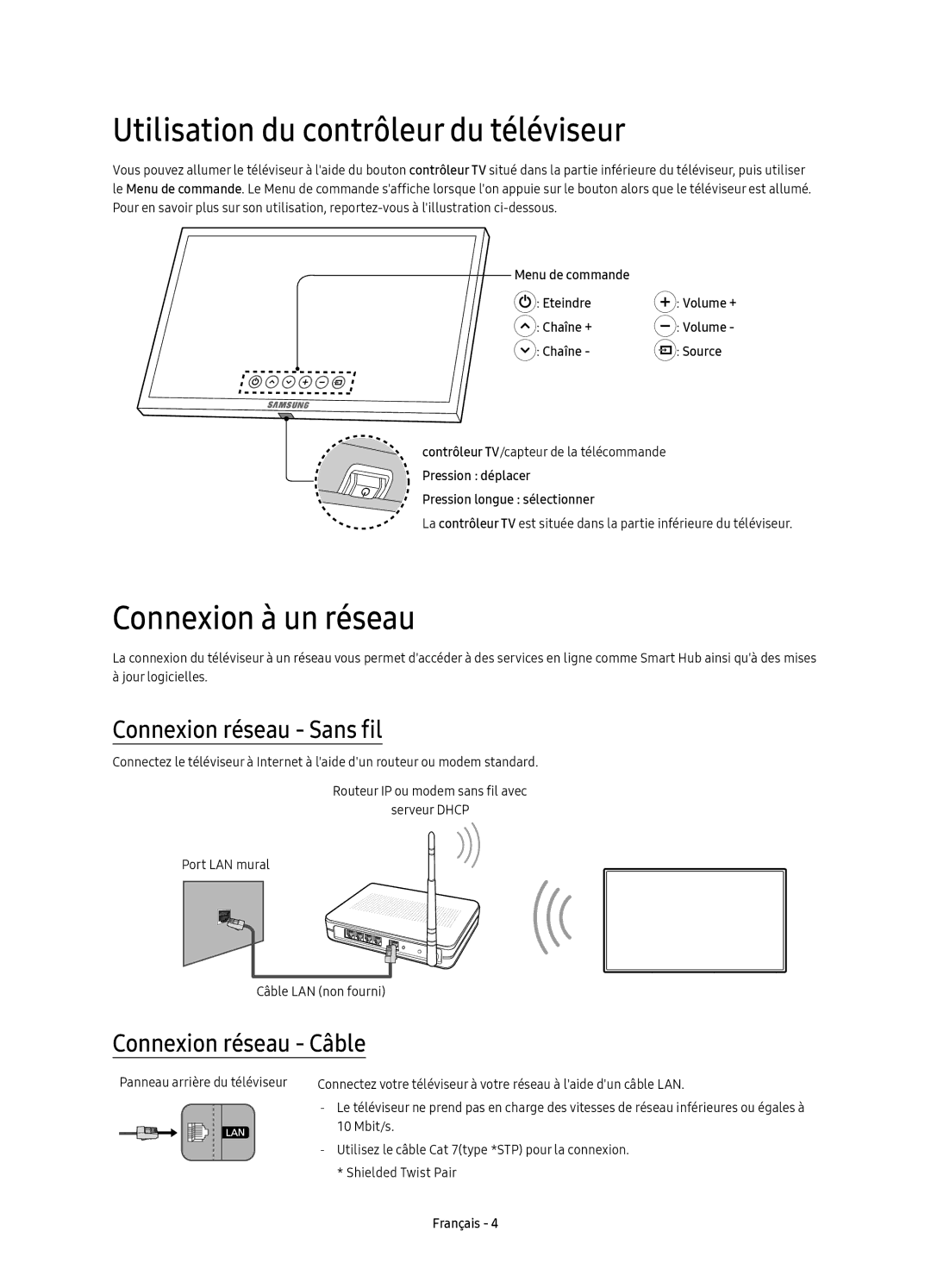 Samsung UE65KS8000TXXC manual Utilisation du contrôleur du téléviseur, Connexion à un réseau, Connexion réseau Sans fil 