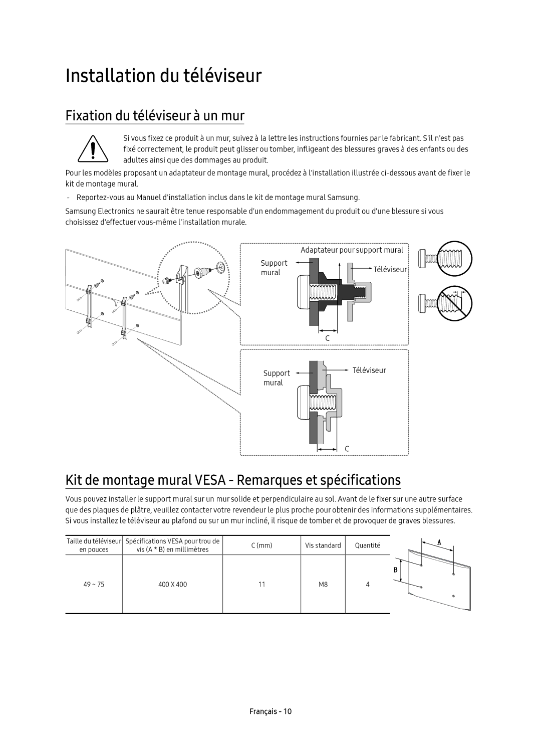 Samsung UE55KS8000TXXC, UE75KS8000TXXC, UE65KS8000TXXC manual Installation du téléviseur, Fixation du téléviseur à un mur 