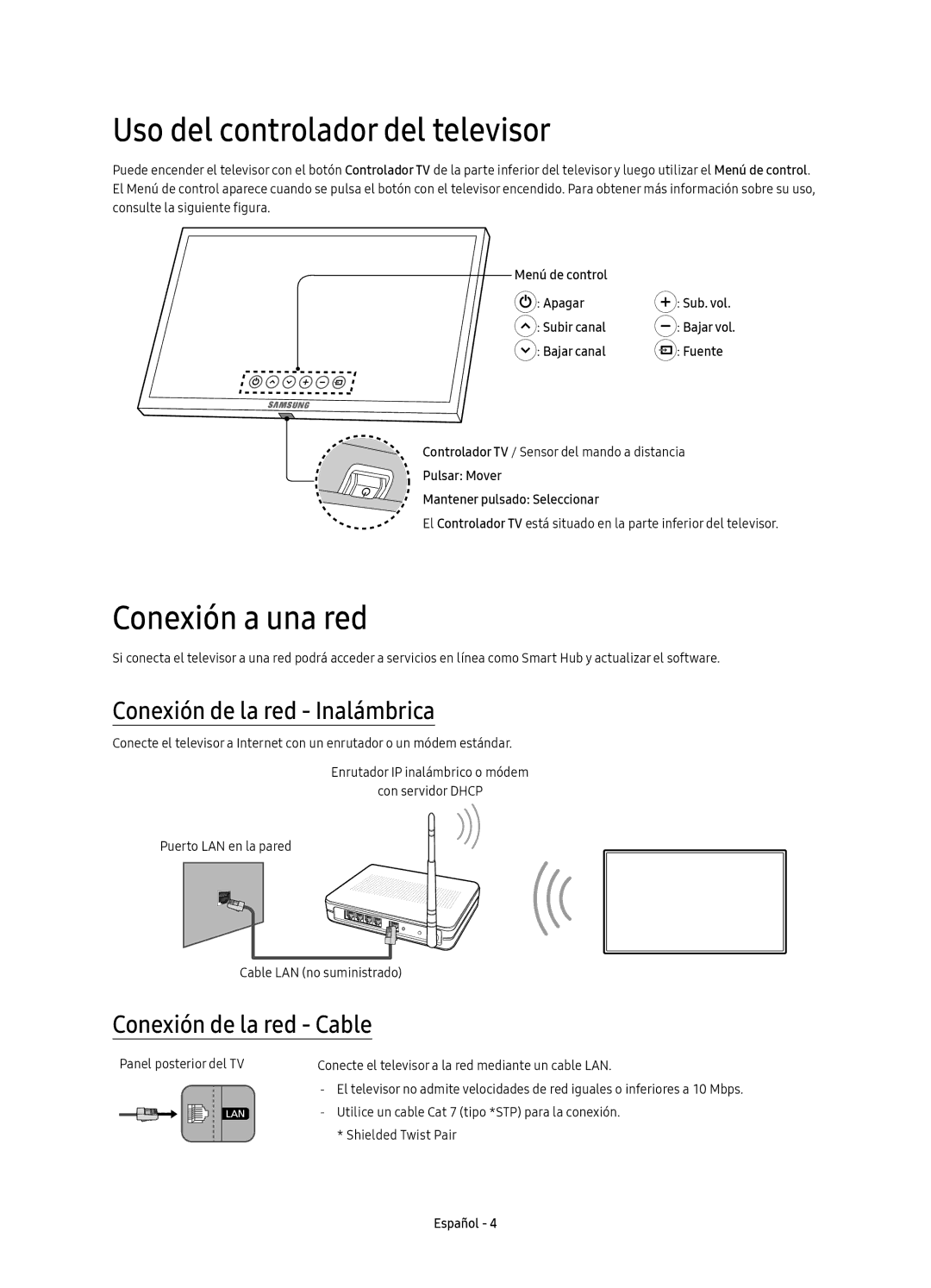 Samsung UE55KS8000TXXC manual Uso del controlador del televisor, Conexión a una red, Conexión de la red Inalámbrica 