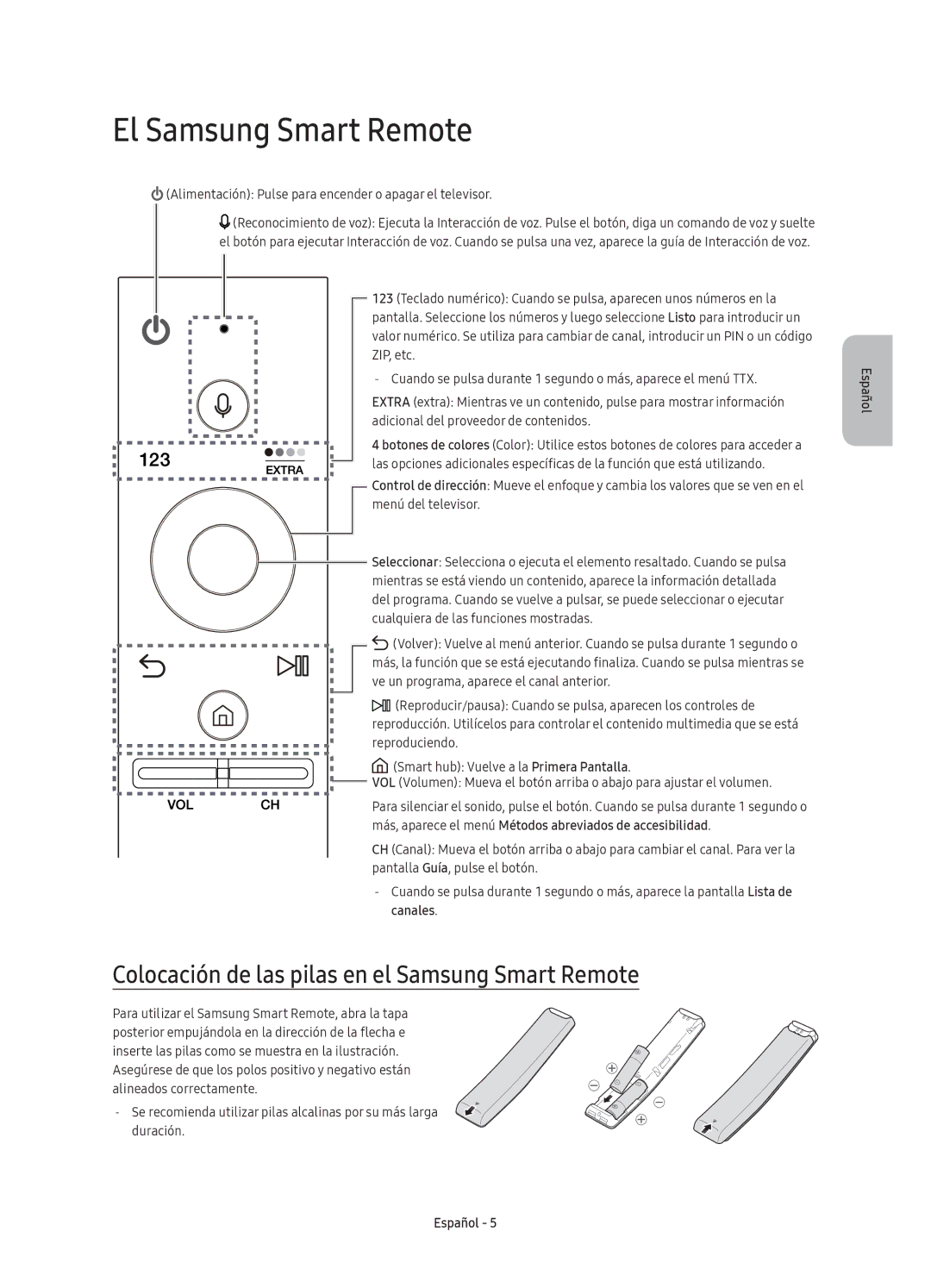 Samsung UE75KS8000TXXC, UE55KS8000TXXC manual El Samsung Smart Remote, Colocación de las pilas en el Samsung Smart Remote 