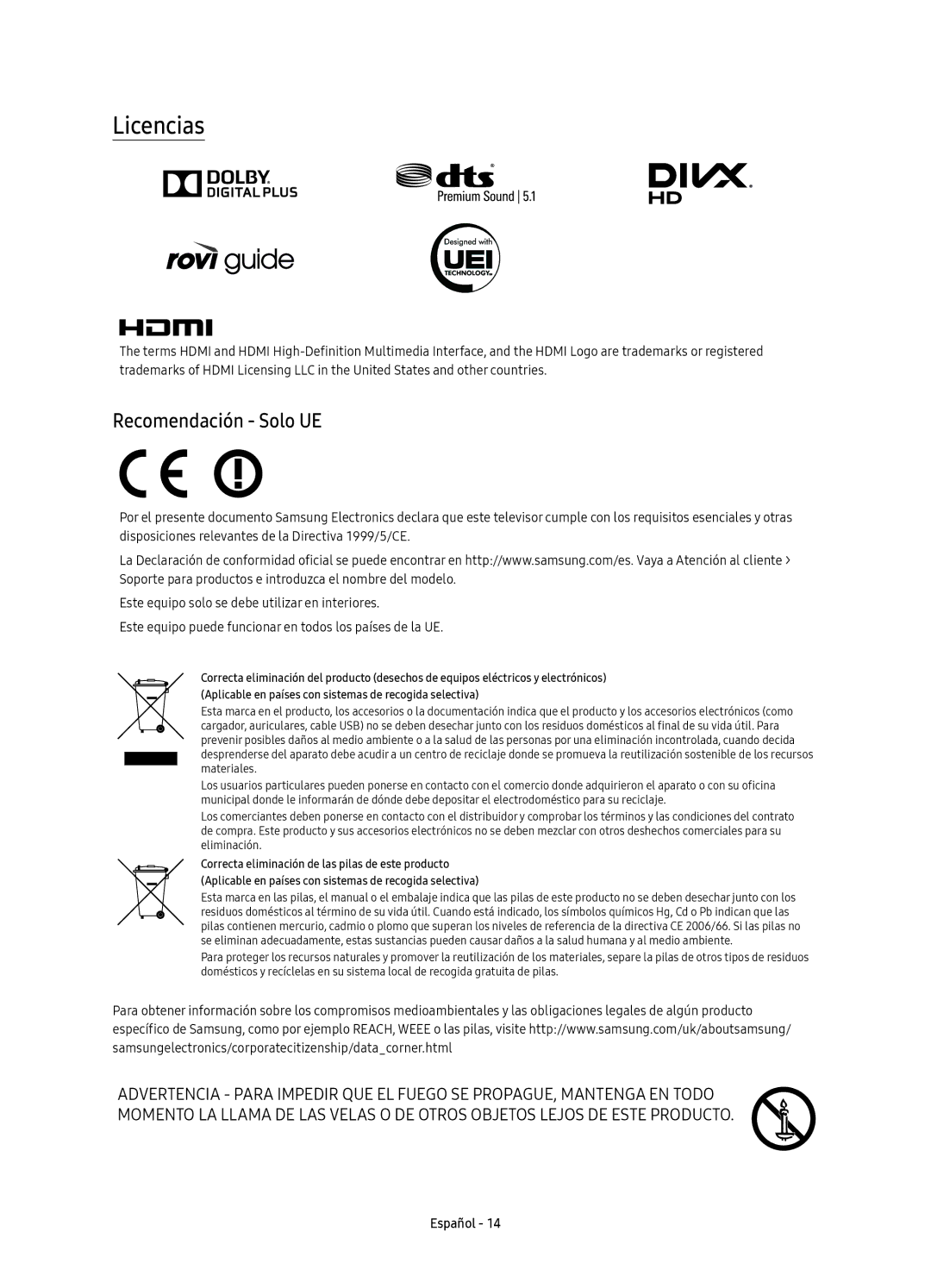 Samsung UE65KS8000TXXC, UE55KS8000TXXC, UE75KS8000TXXC, UE49KS8000TXXC manual Licencias, Recomendación Solo UE 