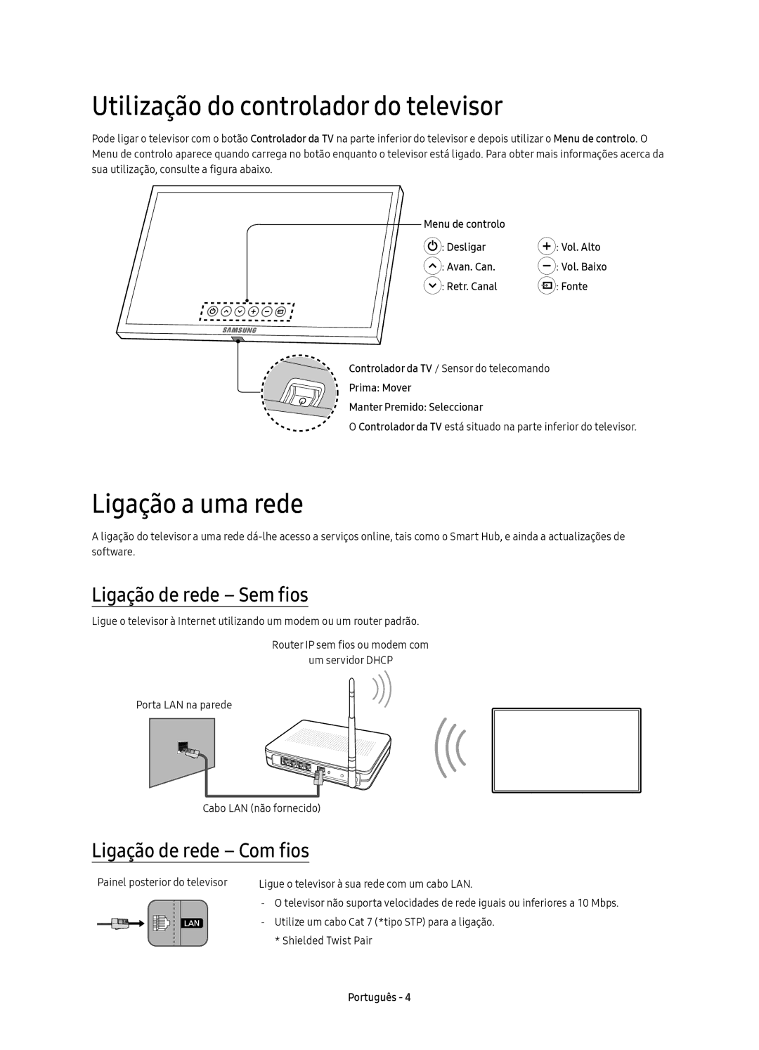 Samsung UE65KS8000TXXC manual Utilização do controlador do televisor, Ligação a uma rede, Ligação de rede Sem fios 