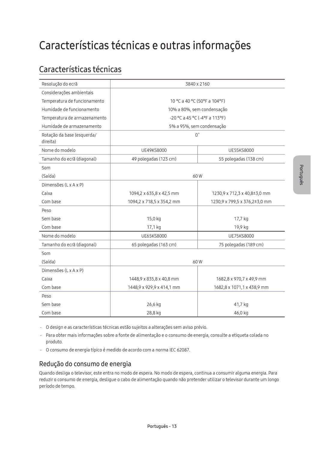 Samsung UE49KS8000TXXC, UE55KS8000TXXC manual Características técnicas e outras informações, Redução do consumo de energia 