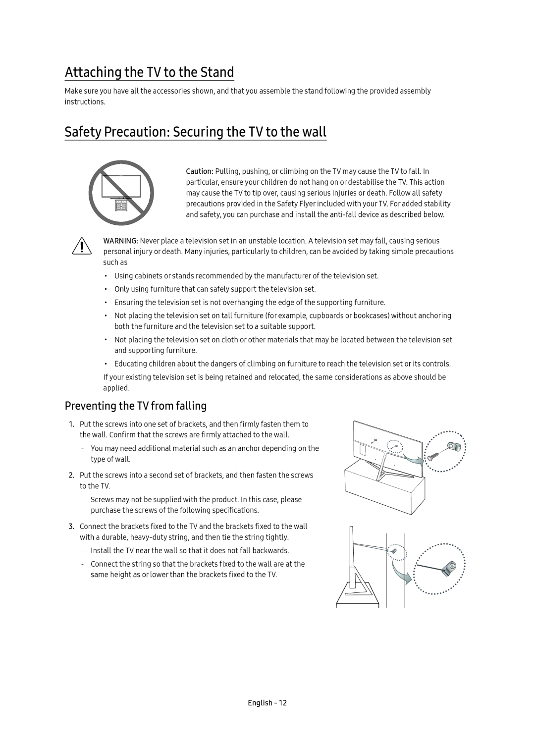 Samsung UE55KS8000TXZT, UE49KS8000TXZT manual Attaching the TV to the Stand, Safety Precaution Securing the TV to the wall 