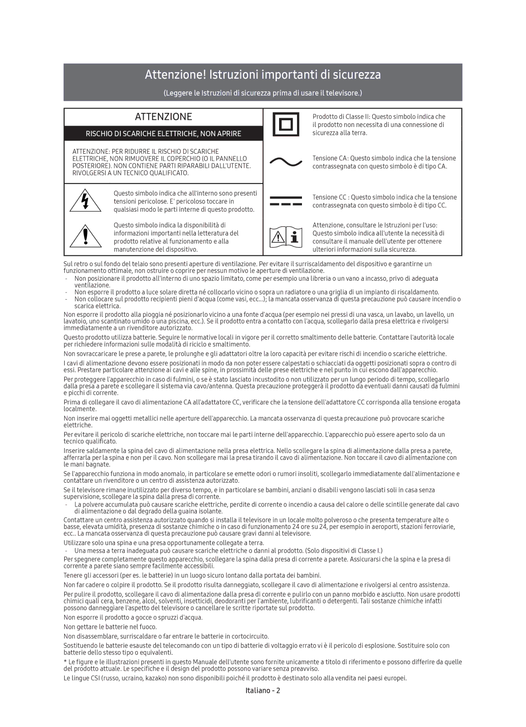 Samsung UE55KS8000TXZT, UE49KS8000TXZT, UE65KS8000TXZT, UE75KS8000TXZT manual Attenzione! Istruzioni importanti di sicurezza 