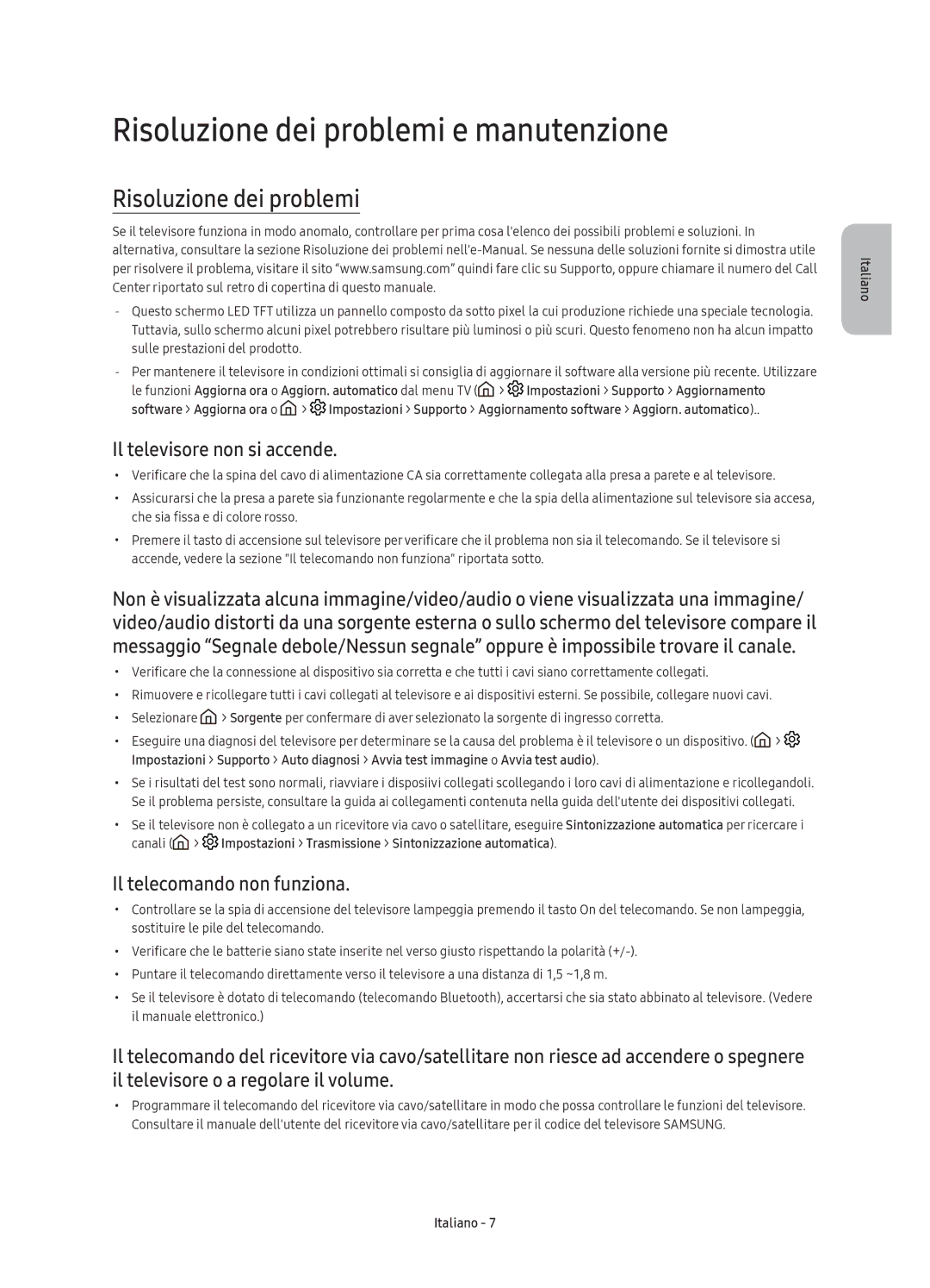 Samsung UE49KS8000TXZT Risoluzione dei problemi e manutenzione, Il televisore non si accende, Il telecomando non funziona 