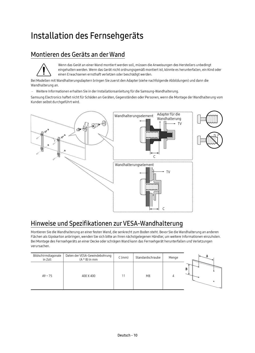 Samsung UE65KS8000TXZT manual Installation des Fernsehgeräts, Montieren des Geräts an der Wand, Wandhalterungselement 