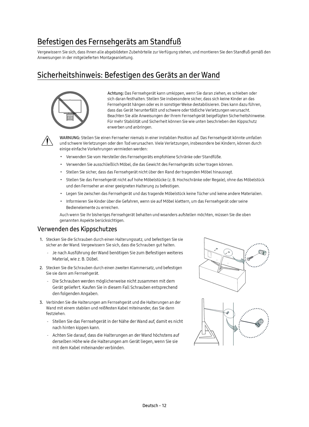 Samsung UE55KS8000TXZT Befestigen des Fernsehgeräts am Standfuß, Sicherheitshinweis Befestigen des Geräts an der Wand 