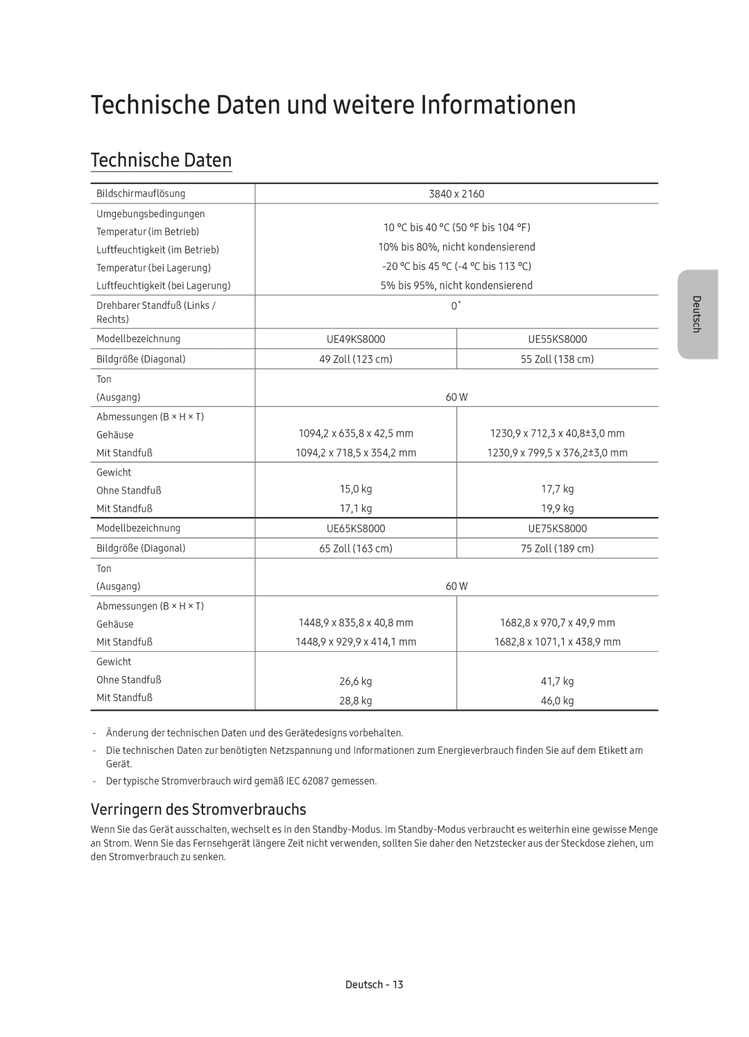 Samsung UE49KS8000TXZT, UE55KS8000TXZT manual Technische Daten und weitere Informationen, Verringern des Stromverbrauchs 