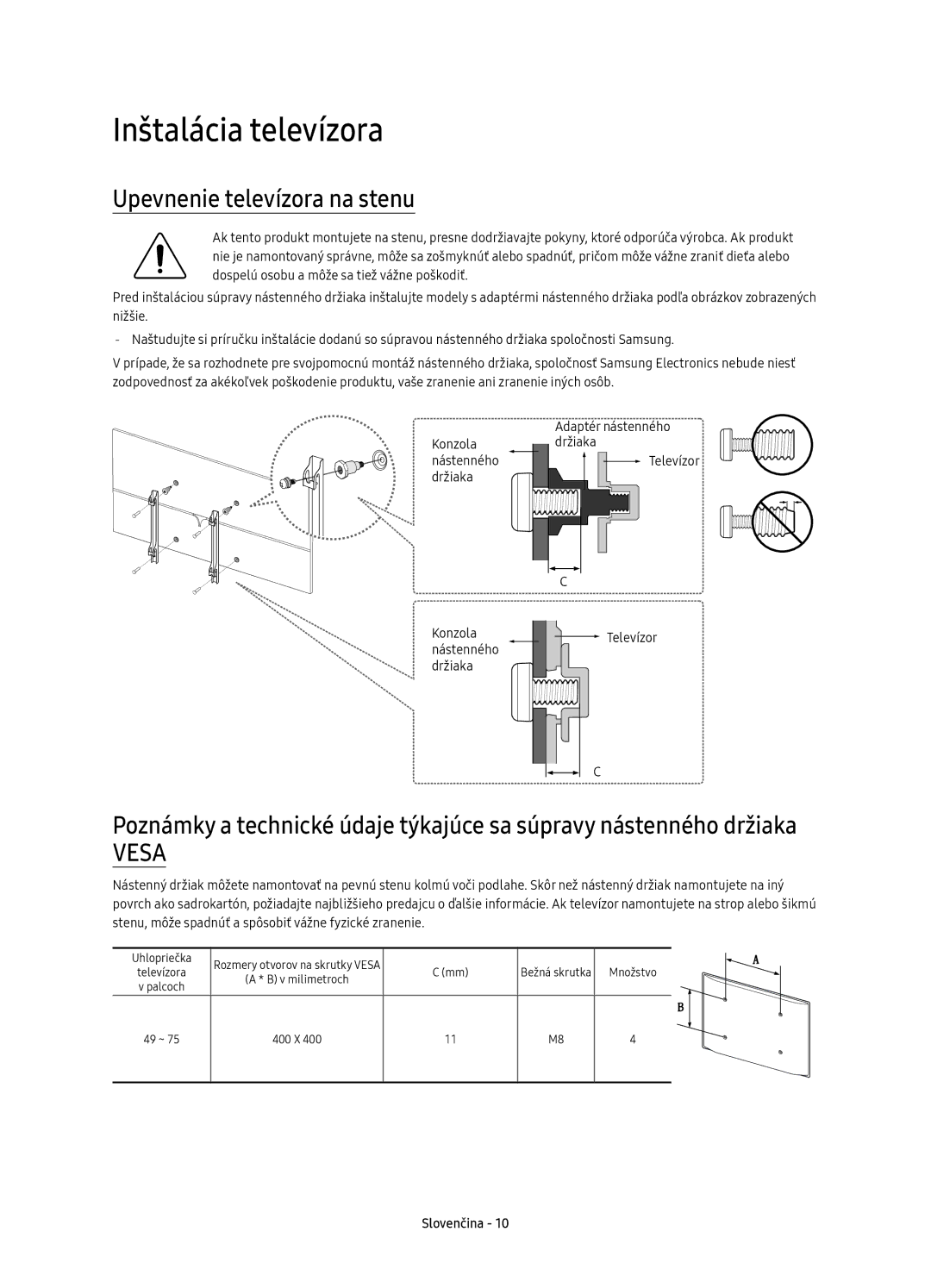 Samsung UE55KS8002TXXH, UE49KS8000LXXH, UE49KS8002TXXH, UE65KS8000LXXH Inštalácia televízora, Upevnenie televízora na stenu 