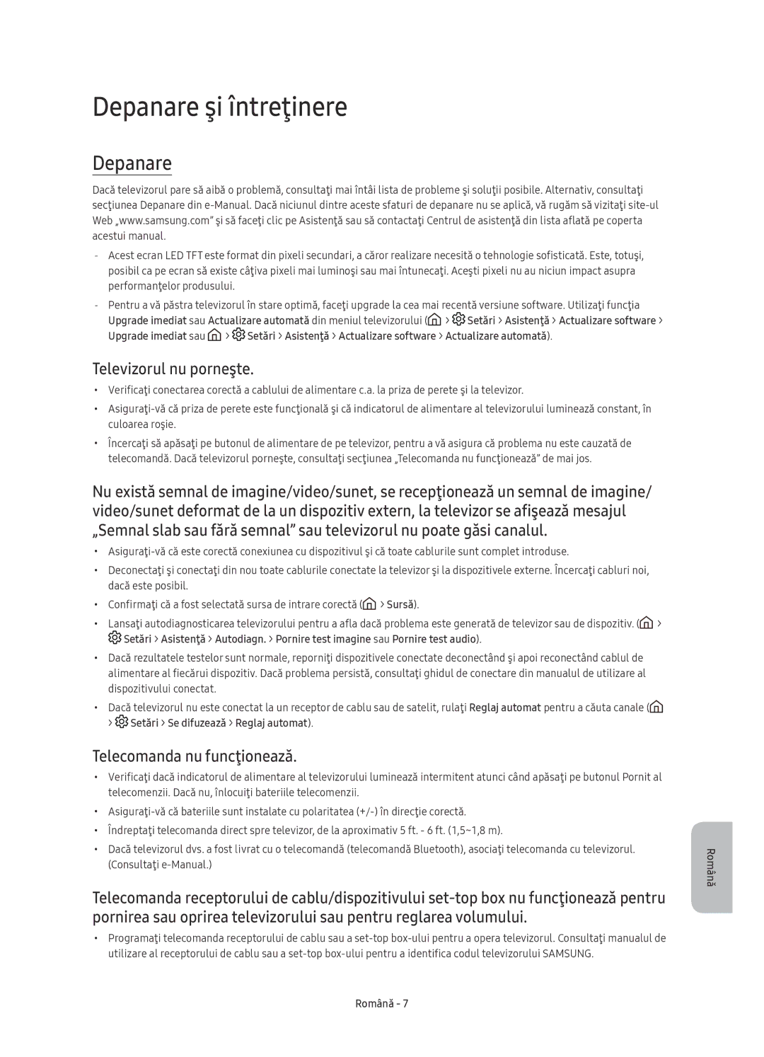 Samsung UE65KS8000LXXN, UE55KS8002TXXH manual Depanare şi întreţinere, Televizorul nu porneşte, Telecomanda nu funcţionează 