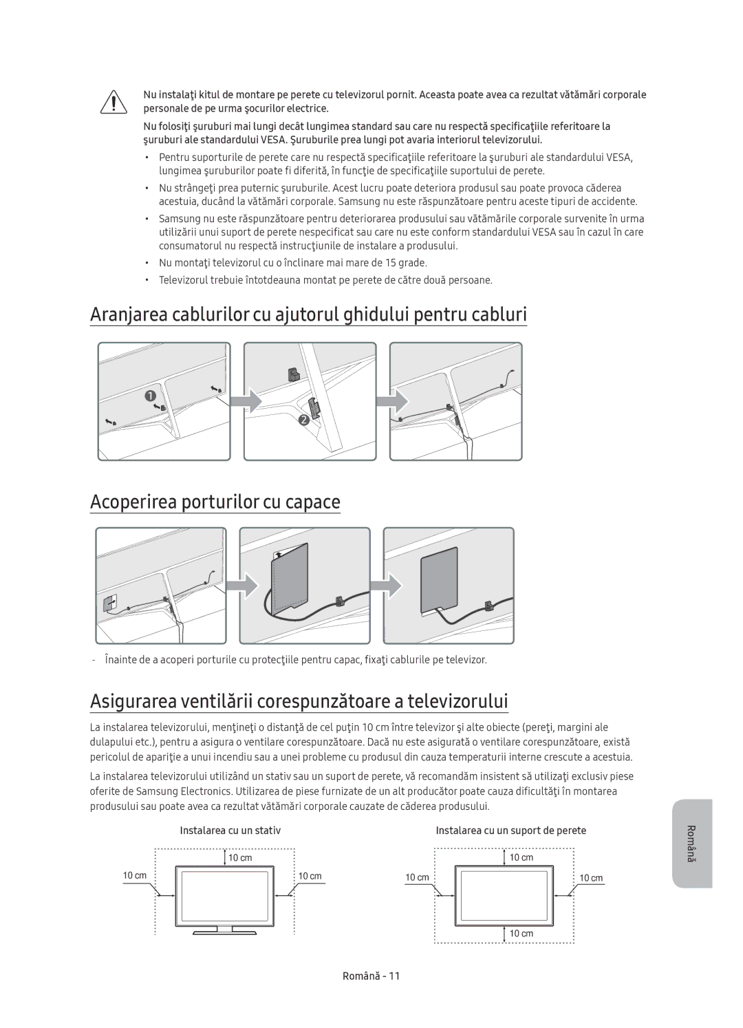 Samsung UE65KS8000LXXH, UE55KS8002TXXH manual Asigurarea ventilării corespunzătoare a televizorului, Instalarea cu un stativ 