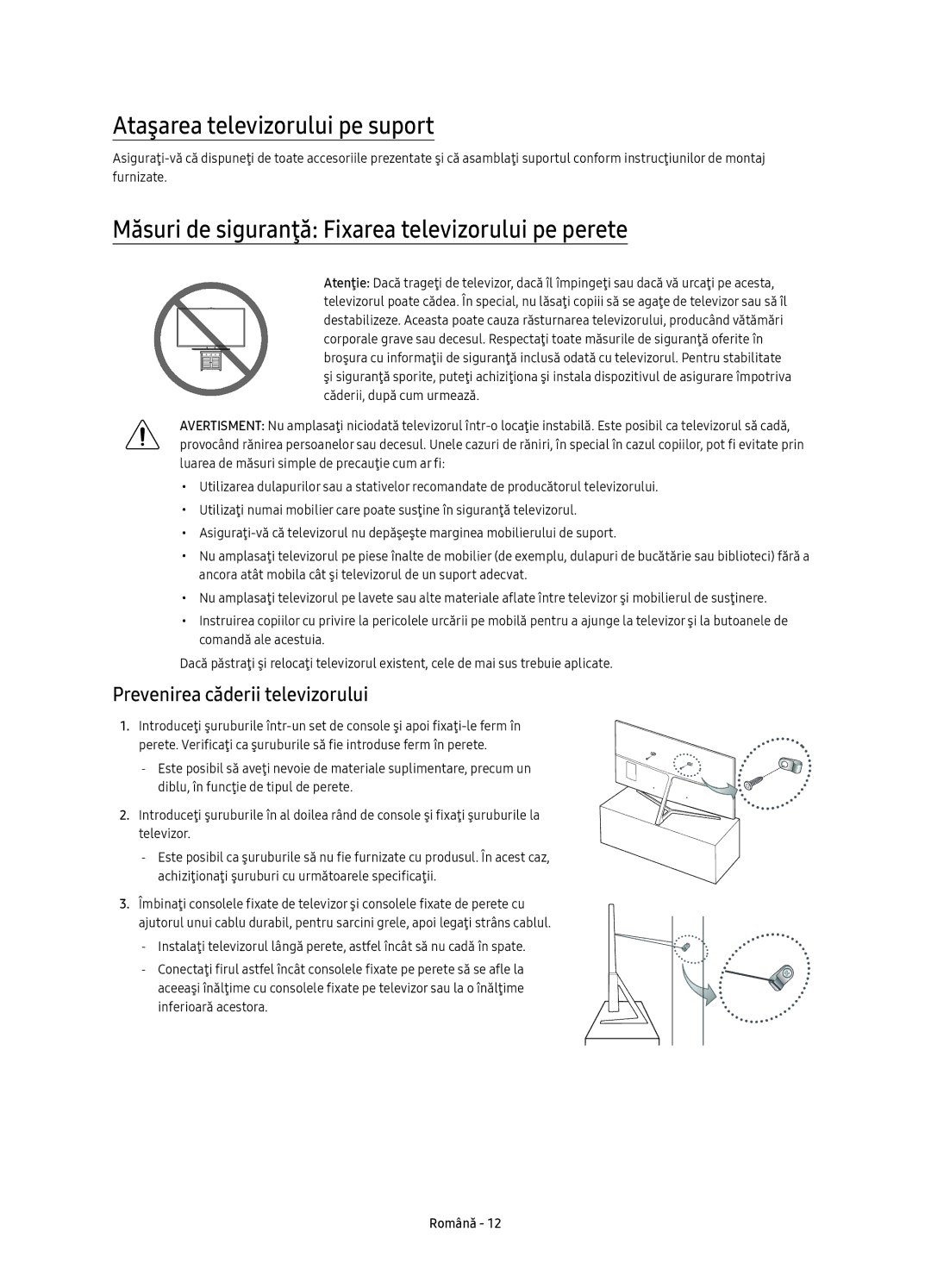 Samsung UE55KS8000LXXH manual Ataşarea televizorului pe suport, Măsuri de siguranţă Fixarea televizorului pe perete 