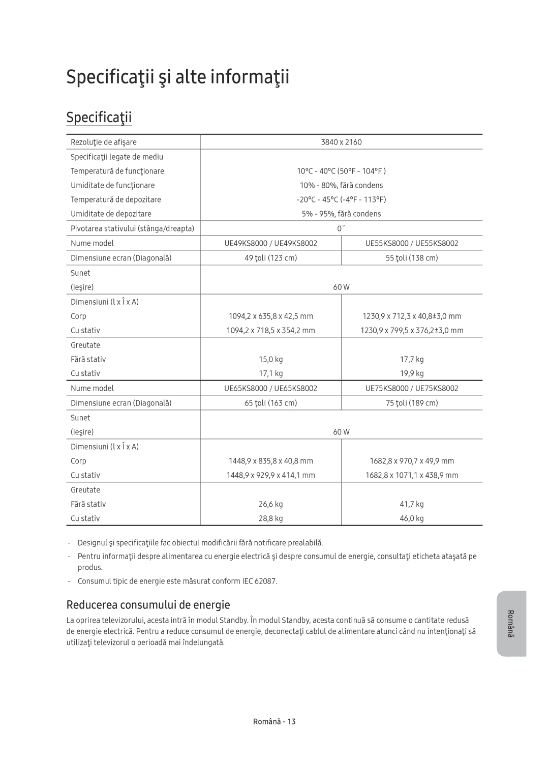 Samsung UE65KS8002TXXH, UE55KS8002TXXH, UE49KS8000LXXH Specificaţii şi alte informaţii, Reducerea consumului de energie 