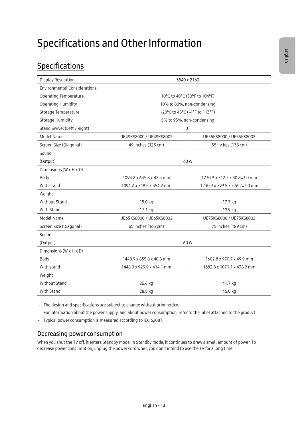 Samsung UE49KS8000LXXH, UE55KS8002TXXH, UE49KS8002TXXH Specifications and Other Information, Decreasing power consumption 