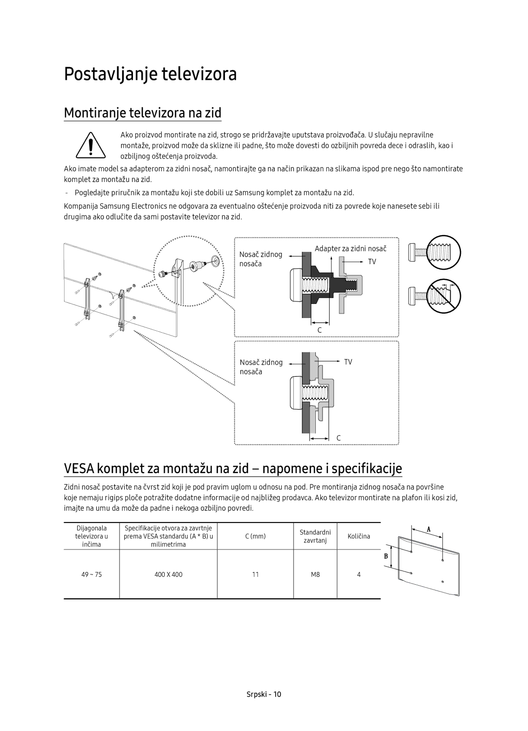 Samsung UE55KS8000LXXH manual Montiranje televizora na zid, Vesa komplet za montažu na zid napomene i specifikacije 