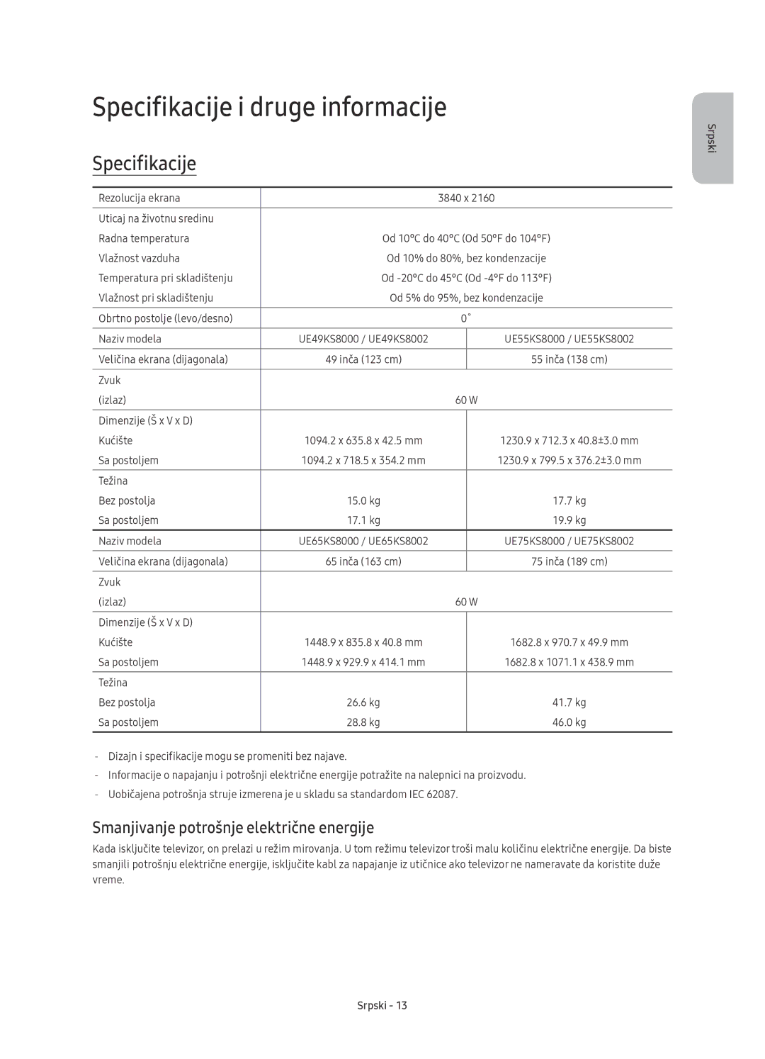 Samsung UE75KS8002TXXH, UE55KS8002TXXH manual Specifikacije i druge informacije, Smanjivanje potrošnje električne energije 