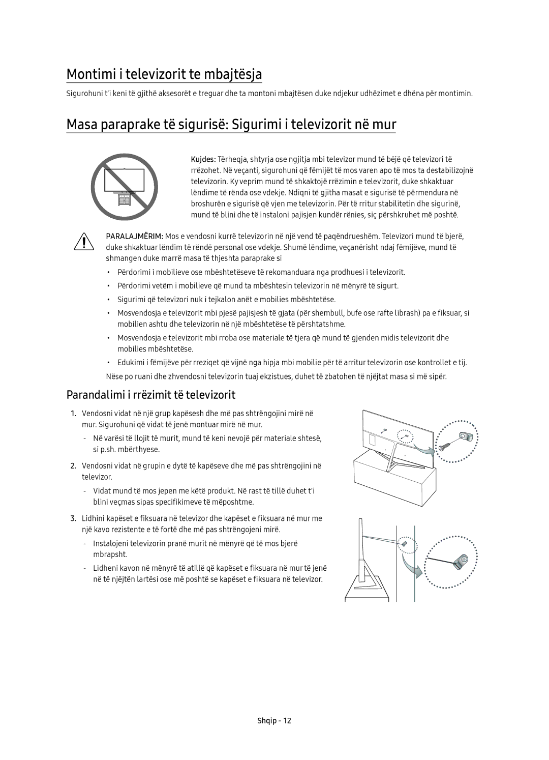 Samsung UE55KS8000LXXN manual Montimi i televizorit te mbajtësja, Masa paraprake të sigurisë Sigurimi i televizorit në mur 