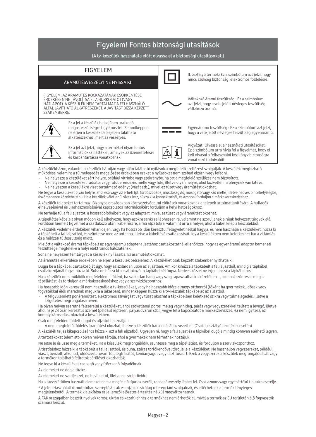 Samsung UE55KS8000LXXH, UE55KS8002TXXH manual Figyelem! Fontos biztonsági utasítások, ÁRAMÜTÉSVESZÉLY! NE Nyissa KI, Magyar 